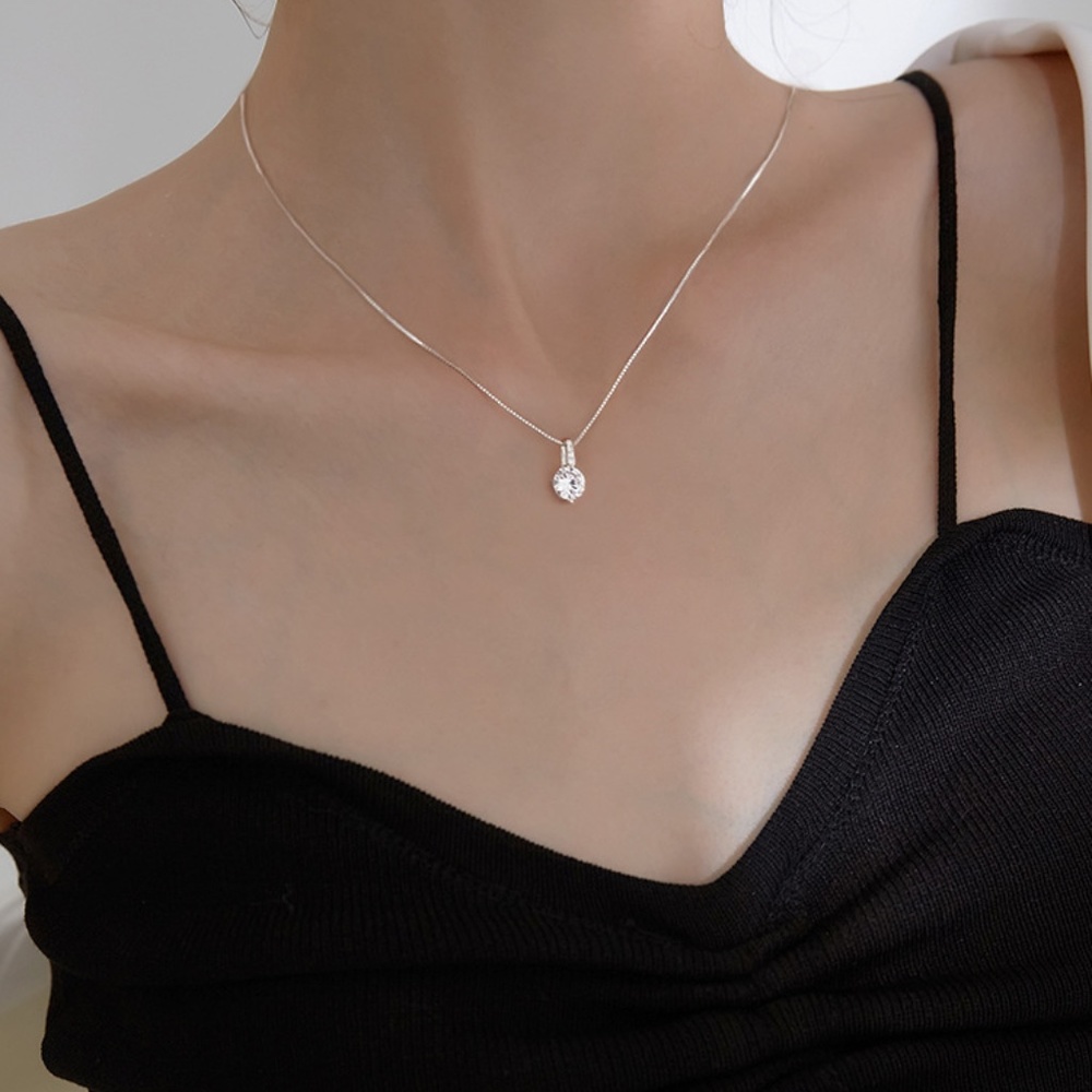 Sterling Silver Drop Bar Round Simulated Diamond Pendant Necklace - Picture 4 of 10